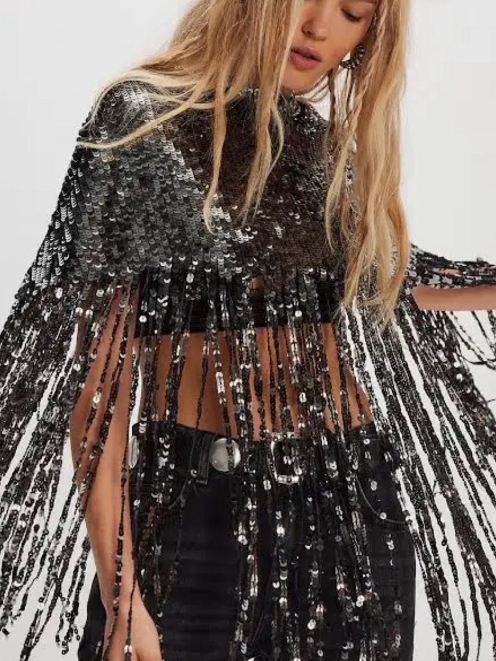 Free People Black Cropped Sequin cape with gold tassles 🖤✨